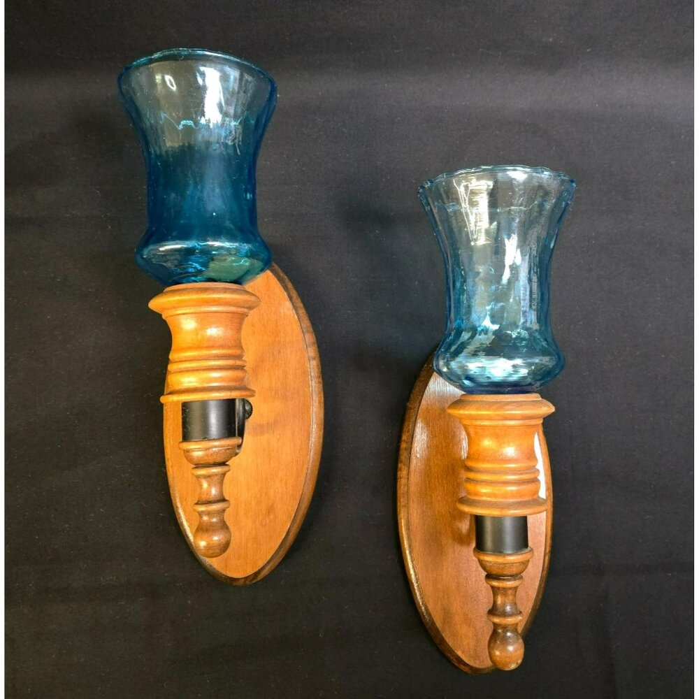 Vintage Set Homco Wall Sconces Blue Glass Hurricanes Wood Iron Candle Holders